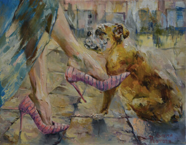 Painting titled "A bulldog and pink…" by Elena Reutova, Original Artwork, Oil Mounted on Wood Stretcher frame