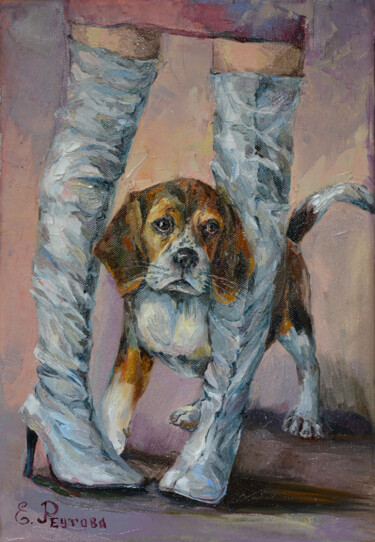 Картина под названием "Beagle and grey boo…" - Elena Reutova, Подлинное произведение искусства, Масло Установлен на Деревянн…