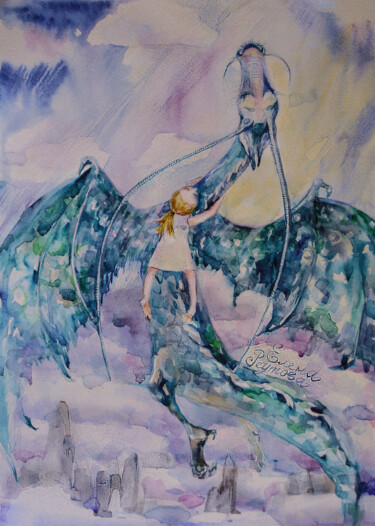 Painting titled "Flying with a drago…" by Elena Reutova, Original Artwork, Watercolor