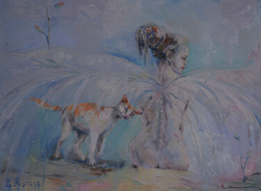 Pintura titulada "Angel and cat." por Elena Reutova, Obra de arte original, Oleo Montado en Bastidor de camilla de madera