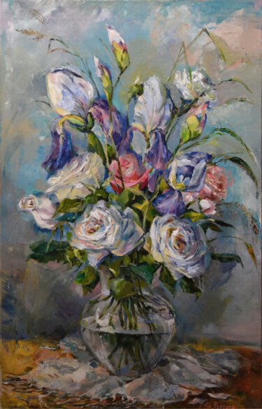 Ζωγραφική με τίτλο "Bouquet of white ro…" από Elena Reutova, Αυθεντικά έργα τέχνης, Λάδι Τοποθετήθηκε στο Ξύλινο φορείο σκελ…