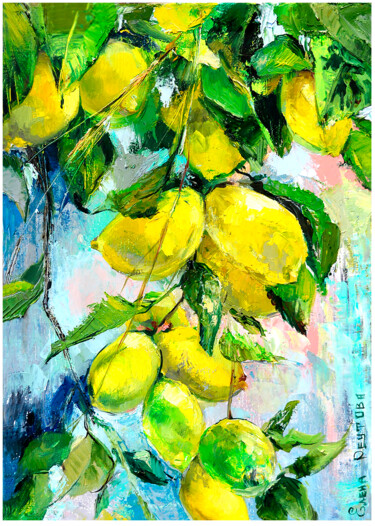 Painting titled "Lemons. Lots of lem…" by Elena Reutova, Original Artwork, Oil Mounted on Wood Stretcher frame
