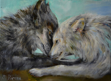 Pittura intitolato "A pair of wolves in…" da Elena Reutova, Opera d'arte originale, Olio Montato su Telaio per barella in le…