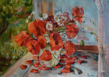Painting titled "Red poppies on the…" by Elena Reutova, Original Artwork, Oil Mounted on Wood Stretcher frame