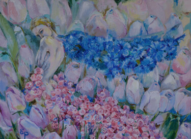 Painting titled "Cornflower blue win…" by Elena Reutova, Original Artwork, Oil Mounted on Wood Stretcher frame