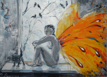 Painting titled "Butterfly." by Elena Reutova, Original Artwork, Oil Mounted on Wood Stretcher frame