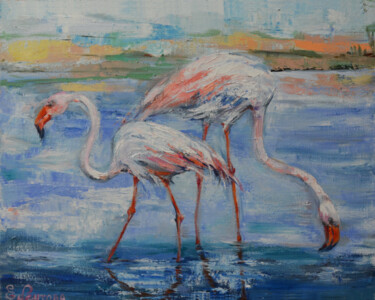 Картина под названием "Art print "Flamingo…" - Elena Reutova, Подлинное произведение искусства, Масло