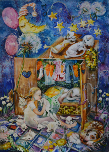 Картина под названием "Good night. Magic n…" - Elena Reutova, Подлинное произведение искусства, Акварель