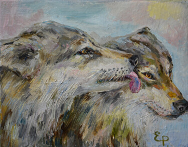 Painting titled "Love of wolves." by Elena Reutova, Original Artwork, Oil Mounted on Wood Stretcher frame