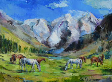 Painting titled "Mountains and horse…" by Elena Reutova, Original Artwork, Oil Mounted on Wood Stretcher frame