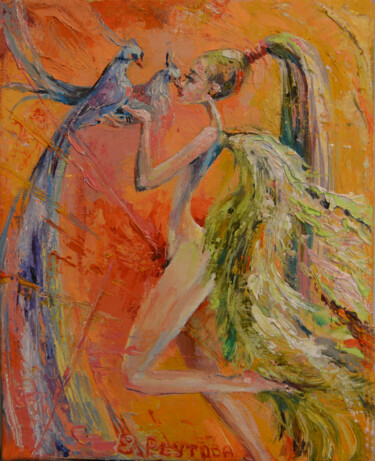 Painting titled "Fire angel and bird…" by Elena Reutova, Original Artwork, Oil Mounted on Wood Stretcher frame