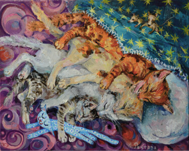 Painting titled "Sweet dreams of cat…" by Elena Reutova, Original Artwork, Oil Mounted on Wood Stretcher frame