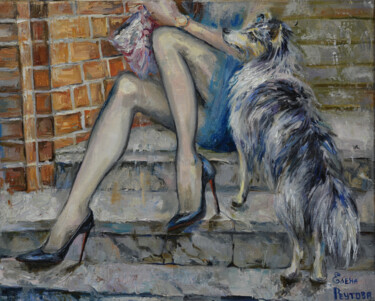 Painting titled "With your favorite…" by Elena Reutova, Original Artwork, Oil Mounted on Wood Stretcher frame