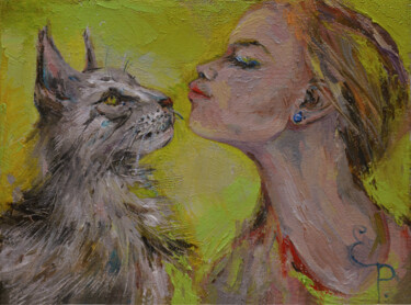 Schilderij getiteld "Series "Love cats".…" door Elena Reutova, Origineel Kunstwerk, Olie Gemonteerd op Frame voor houten bra…