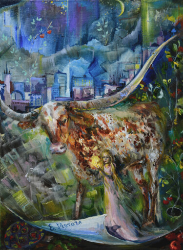 Painting titled "My Taurus. Strong 2…" by Elena Reutova, Original Artwork, Oil Mounted on Wood Stretcher frame