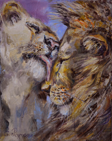 Painting titled "Tender love between…" by Elena Reutova, Original Artwork, Oil Mounted on Wood Stretcher frame
