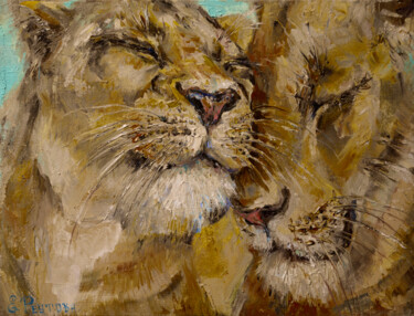 Schilderij getiteld "Wild lions purr wit…" door Elena Reutova, Origineel Kunstwerk, Olie Gemonteerd op Frame voor houten bra…