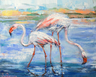 Malarstwo zatytułowany „Two flamingos on th…” autorstwa Elena Reutova, Oryginalna praca, Olej Zamontowany na Drewniana rama…