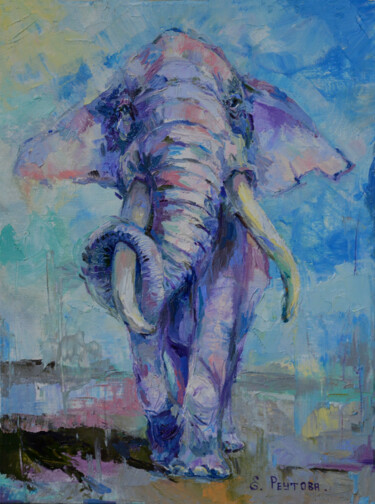 Painting titled "Purple elephant for…" by Elena Reutova, Original Artwork, Oil Mounted on Wood Stretcher frame