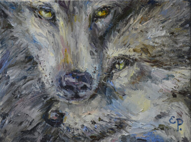 Painting titled "Wolf and she-wolf t…" by Elena Reutova, Original Artwork, Oil Mounted on Wood Stretcher frame