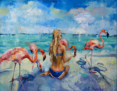 Painting titled "Flamingo on the bea…" by Elena Reutova, Original Artwork, Oil Mounted on Wood Stretcher frame
