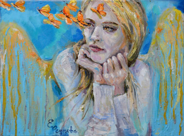 Painting titled "Golden butterflies…" by Elena Reutova, Original Artwork, Oil Mounted on Wood Stretcher frame