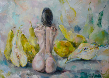 Schilderij getiteld "Naked girl among ri…" door Elena Reutova, Origineel Kunstwerk, Olie Gemonteerd op Frame voor houten bra…