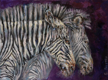 Painting titled "Two stylish zebras…" by Elena Reutova, Original Artwork, Oil Mounted on Wood Stretcher frame
