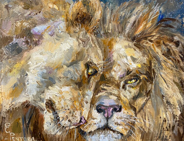 Painting titled "Love of the lions.…" by Elena Reutova, Original Artwork, Oil Mounted on Wood Stretcher frame