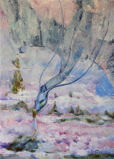 Malarstwo zatytułowany „Dragon Love. A gent…” autorstwa Elena Reutova, Oryginalna praca, Olej Zamontowany na Drewniana rama…