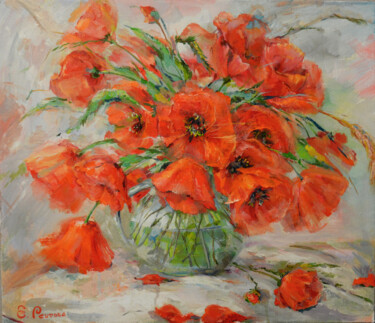 Painting titled "Large poppies." by Elena Reutova, Original Artwork, Oil Mounted on Wood Stretcher frame