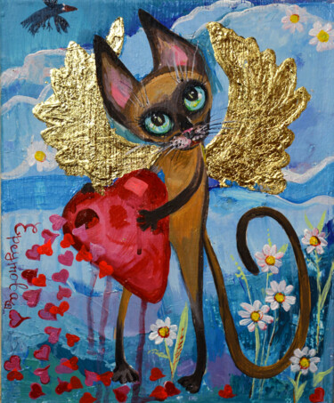 Painting titled "A Siamese cat with…" by Elena Reutova, Original Artwork, Acrylic Mounted on Wood Stretcher frame