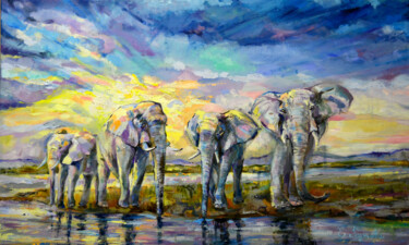 Pintura intitulada "Majestic elephants…" por Elena Reutova, Obras de arte originais, Óleo