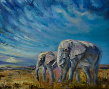 Painting titled "Beautiful elephants…" by Elena Reutova, Original Artwork, Oil Mounted on Wood Stretcher frame