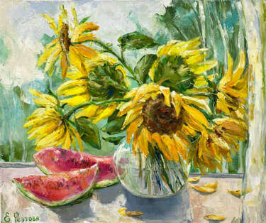 Painting titled "Sunflowers and wate…" by Elena Reutova, Original Artwork, Oil Mounted on Wood Stretcher frame