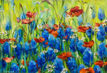 Painting titled "Summer wildflowers." by Elena Reutova, Original Artwork, Oil Mounted on Wood Stretcher frame
