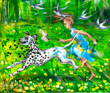 Painting titled "A cheerful Dalmatia…" by Elena Reutova, Original Artwork, Acrylic Mounted on Wood Stretcher frame