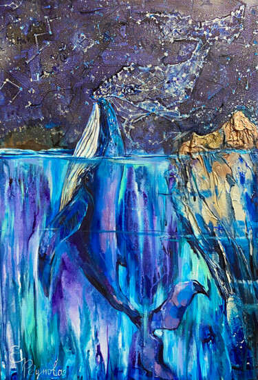 Malarstwo zatytułowany „Whales from differe…” autorstwa Elena Reutova, Oryginalna praca, Akryl Zamontowany na Drewniana rama…