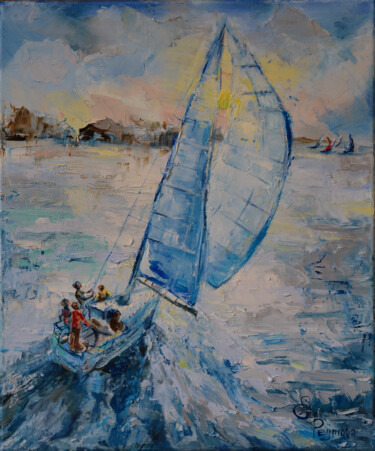 Painting titled "A beautiful sailboa…" by Elena Reutova, Original Artwork, Oil Mounted on Wood Stretcher frame