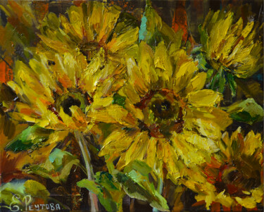 Painting titled "Bright sunny sunflo…" by Elena Reutova, Original Artwork, Oil Mounted on Wood Stretcher frame