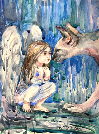 Painting titled "An angel girl and h…" by Elena Reutova, Original Artwork, Watercolor