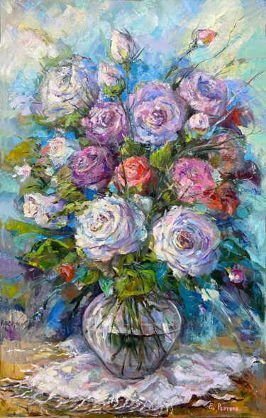 Painting titled "A large bouquet of…" by Elena Reutova, Original Artwork, Oil Mounted on Wood Stretcher frame