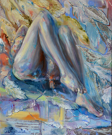 Картина под названием "Angel feathers. A s…" - Elena Reutova, Подлинное произведение искусства, Масло Установлен на Деревянн…