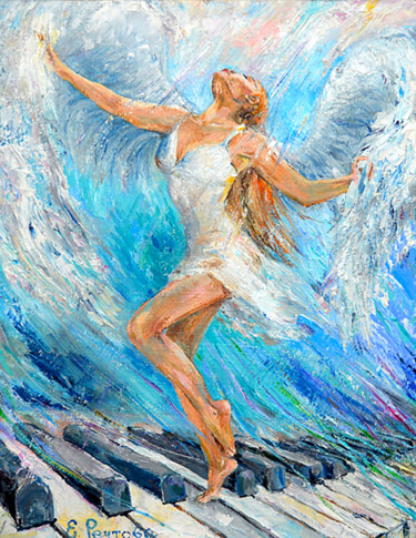 Painting titled "Dancing angel. The…" by Elena Reutova, Original Artwork, Oil Mounted on Wood Stretcher frame