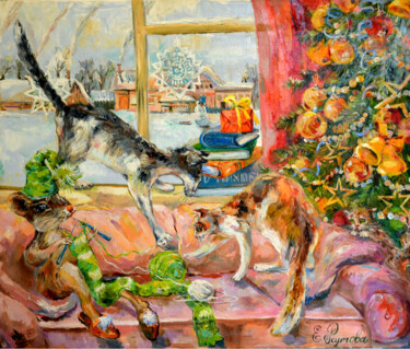 Painting titled "Christmas cats and…" by Elena Reutova, Original Artwork, Oil