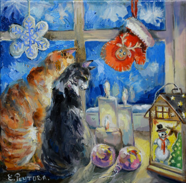 Painting titled "A gift for Christma…" by Elena Reutova, Original Artwork, Oil Mounted on Wood Stretcher frame