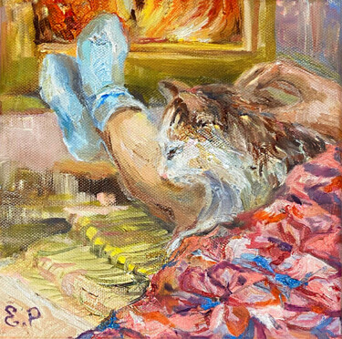 Painting titled "Happy cosiness by t…" by Elena Reutova, Original Artwork, Oil