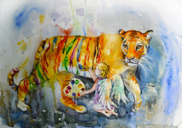 Картина под названием "The multicolored ti…" - Elena Reutova, Подлинное произведение искусства, Акварель