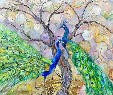 Painting titled "Bright peacocks and…" by Elena Reutova, Original Artwork, Oil Mounted on Wood Stretcher frame