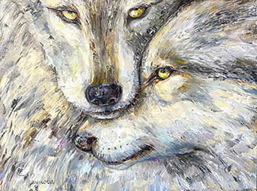 Painting titled "Wolf and she-wolf.…" by Elena Reutova, Original Artwork, Oil Mounted on Wood Stretcher frame